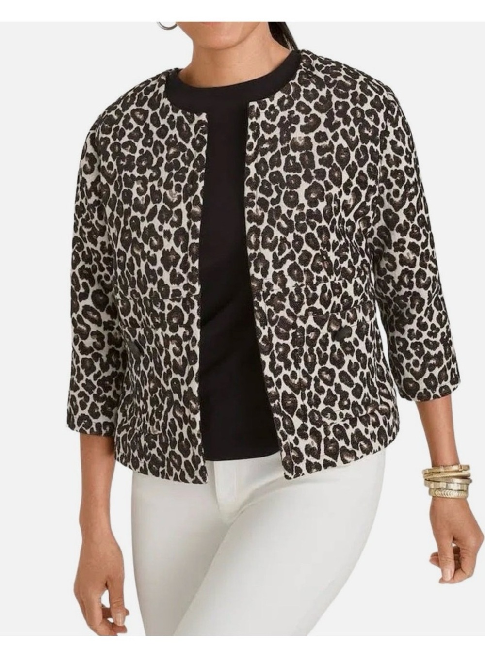 Chicos Jacquard Animal leopard print 
 statement blazer jacket crop 3/4 sleeve